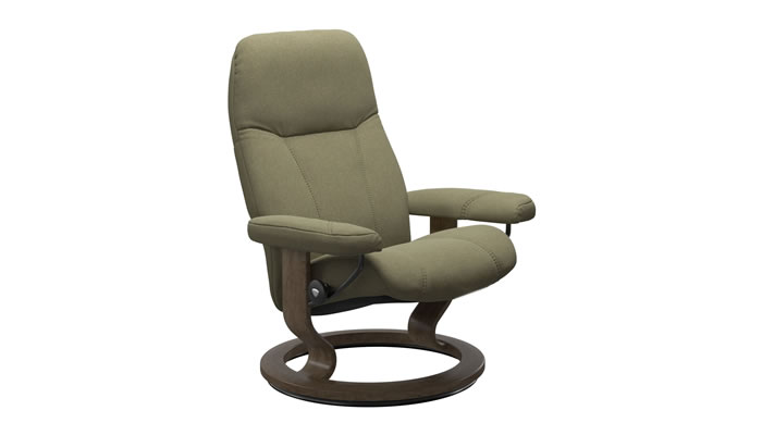 Stressless Consul Classic Recliner in Calido Light Green Fabric with Smoked Oak Wood Stain
